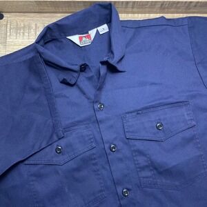 Ben Davis Mens Navy Blue Short Sleeve Work Shirt Made in USA Large Heavy Twill